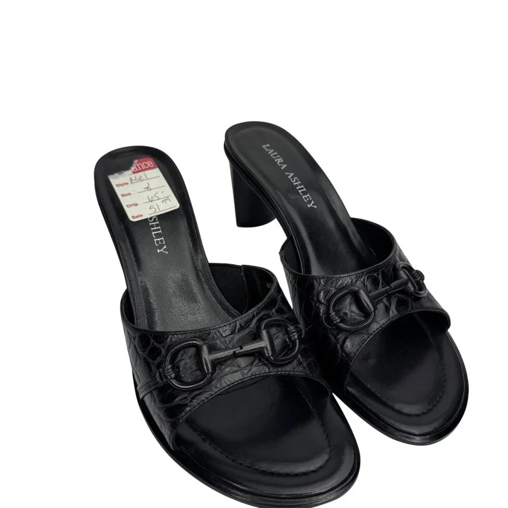 Vintage Y2K Laura Ashley Black Croc-Embossed Leather Slide Sandals Buckle Detail